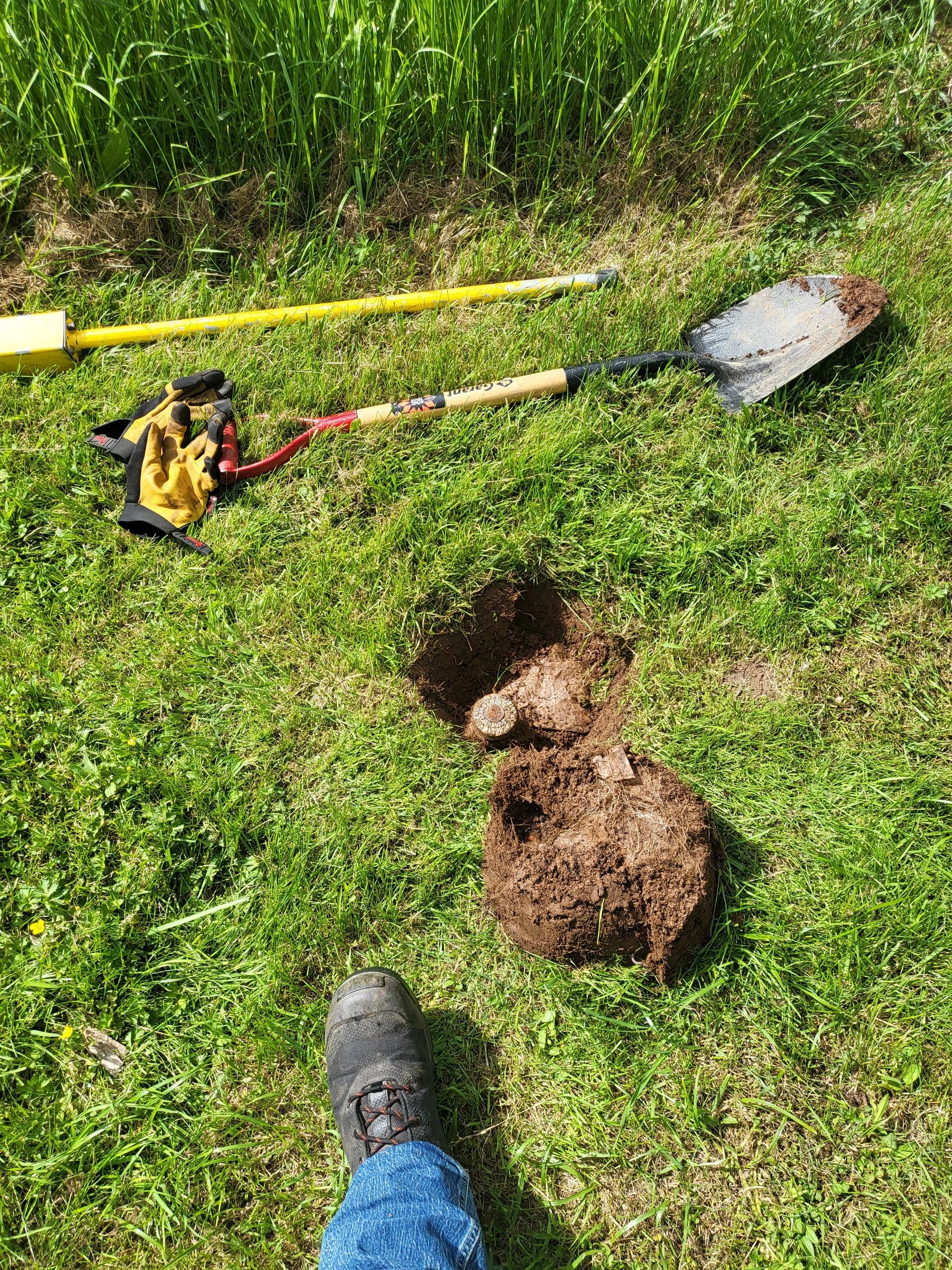 Boot beside freshly dug hole with survey tools